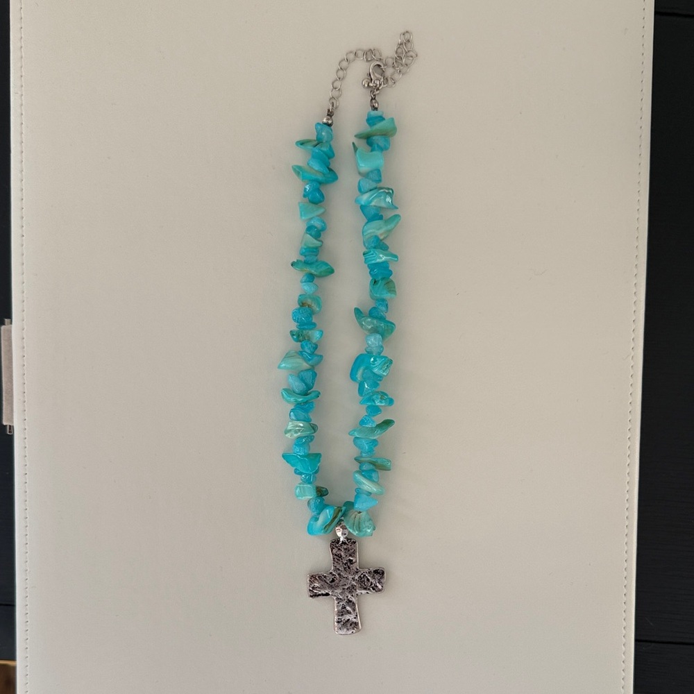 Free People “Supernova” Turquoise Necklace with Silver Cross - Picture 2 of 5